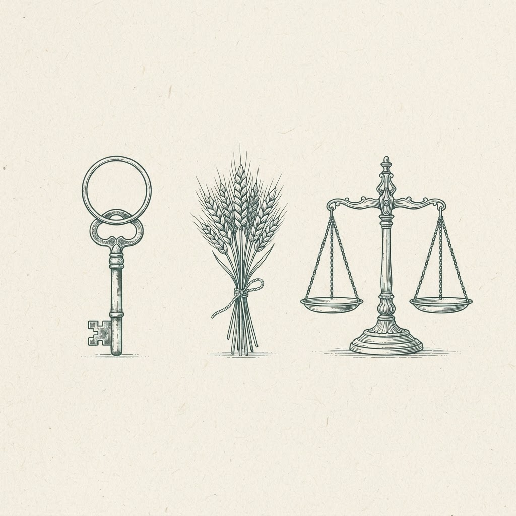 Illustration au trait de trois objets symbolisant les leviers d'un commerce : une clé, un épi de blé et une balance.